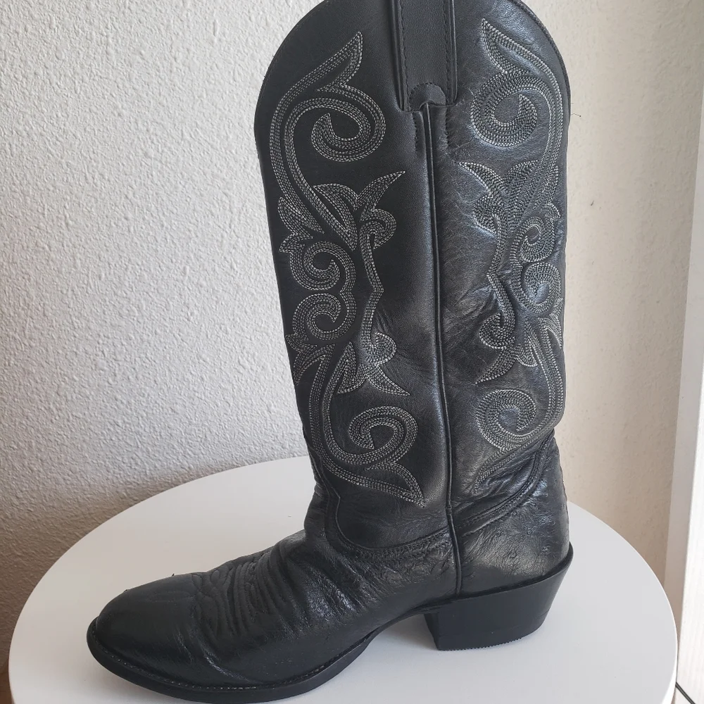 Nocona Western Cowboy Rancho Black Leather Stitch Flame Boots